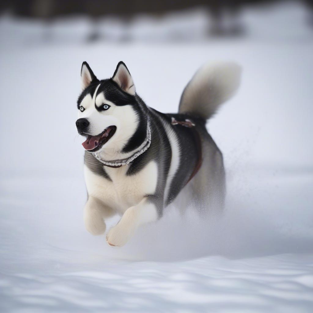 Chó Husky Siberian màu xám trắng đang chạy trên tuyết.