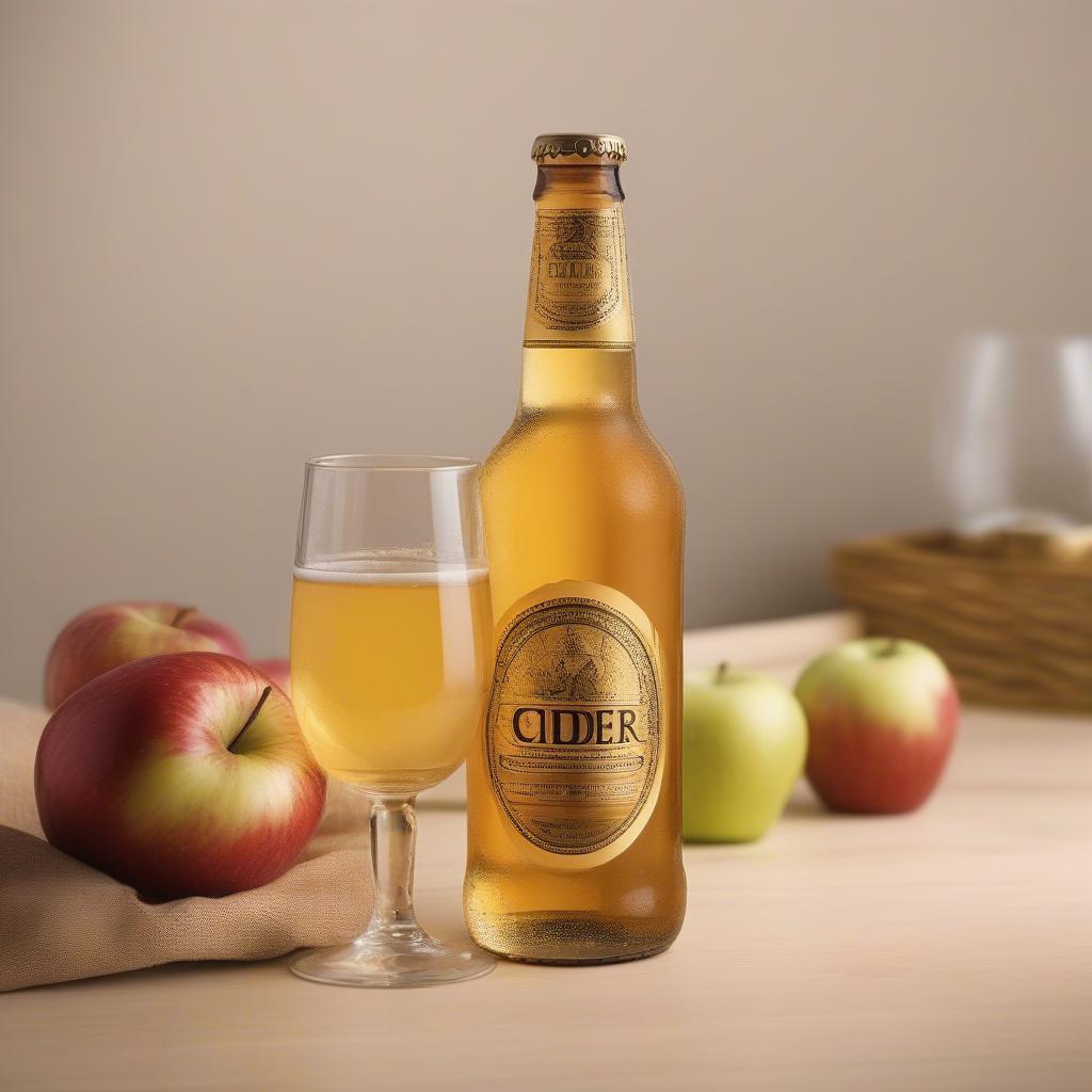 Chai cider với màu sắc vàng óng và hương vị táo tươi mát.