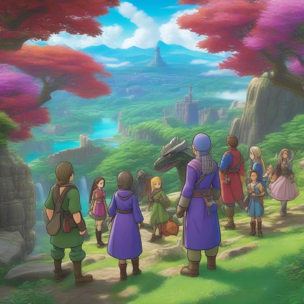 Dragon Quest XI: Echoes of an Elusive Age - Hình ảnh nhân vật chính cùng các đồng đội trong khung cảnh tuyệt đẹp.