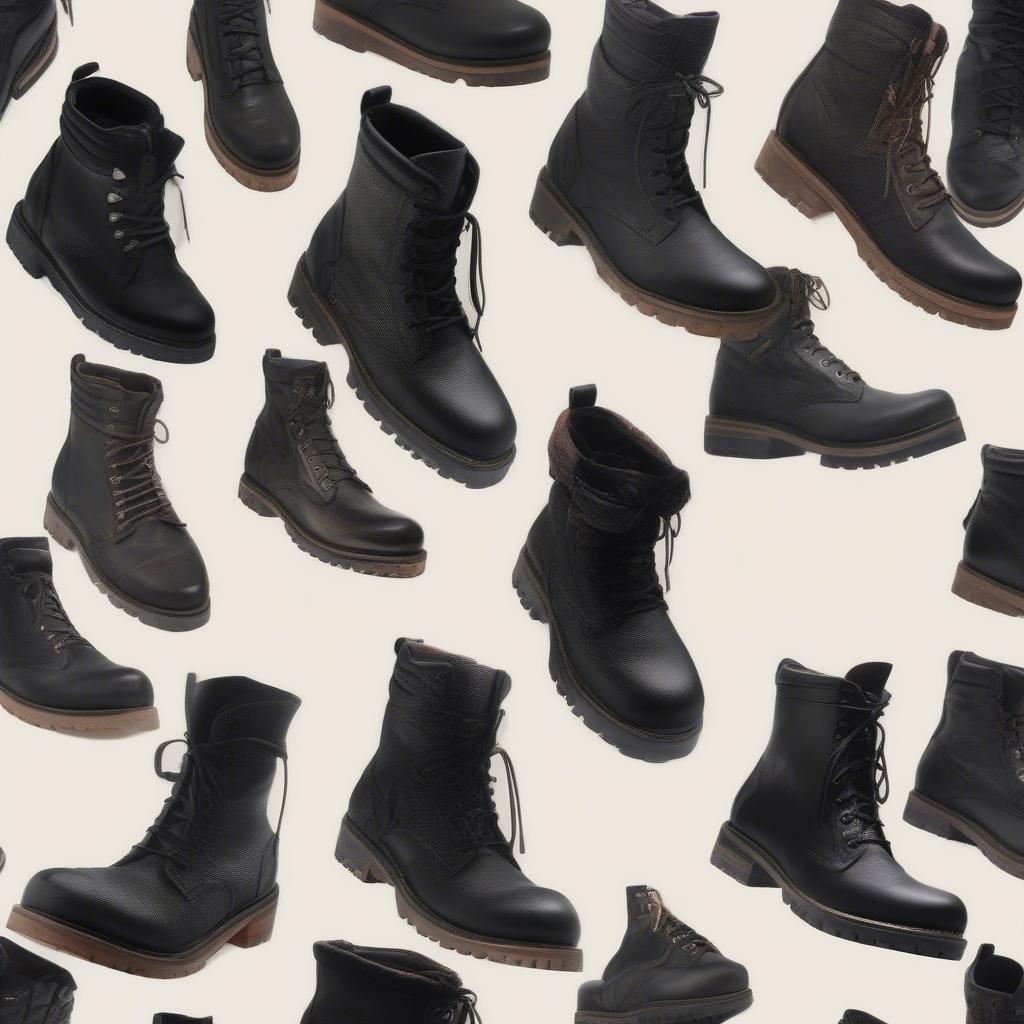 Giày boots da đen, kiểu dáng cao cổ, thiết kế mạnh mẽ, phù hợp với phong cách cá tính.