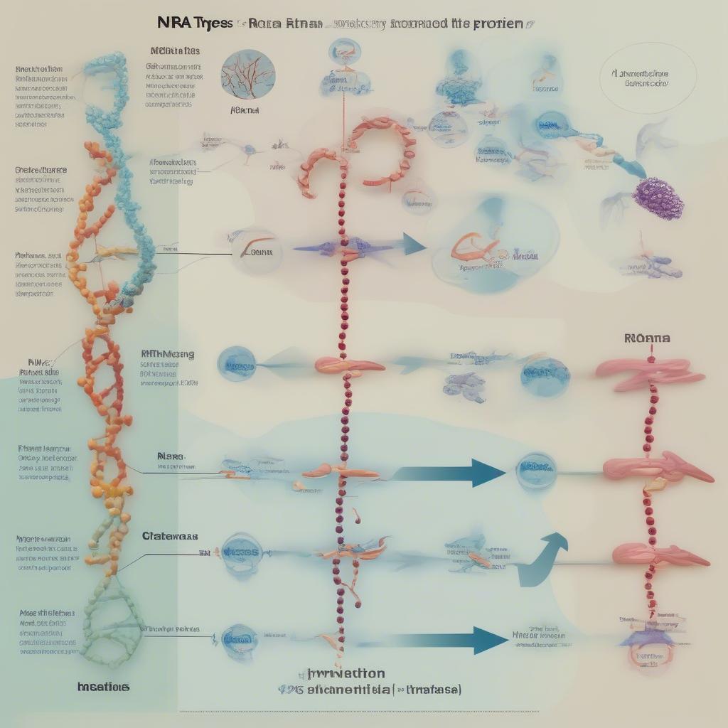 RNA và chức năng của chúng: Minh họa các loại RNA (mRNA, tRNA, rRNA) và vai trò của chúng trong tổng hợp protein.