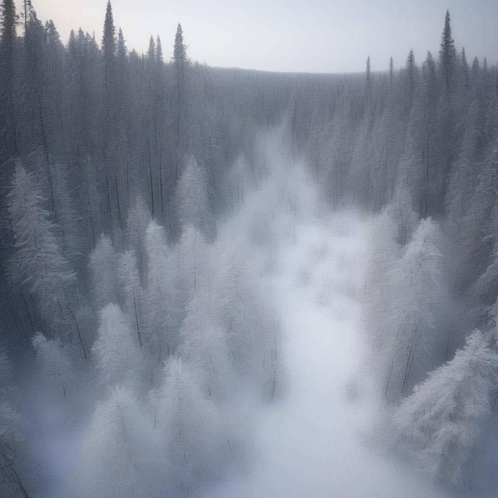 Rừng taiga Siberia bao phủ bởi tuyết trắng, với những cây lá kim chịu lạnh