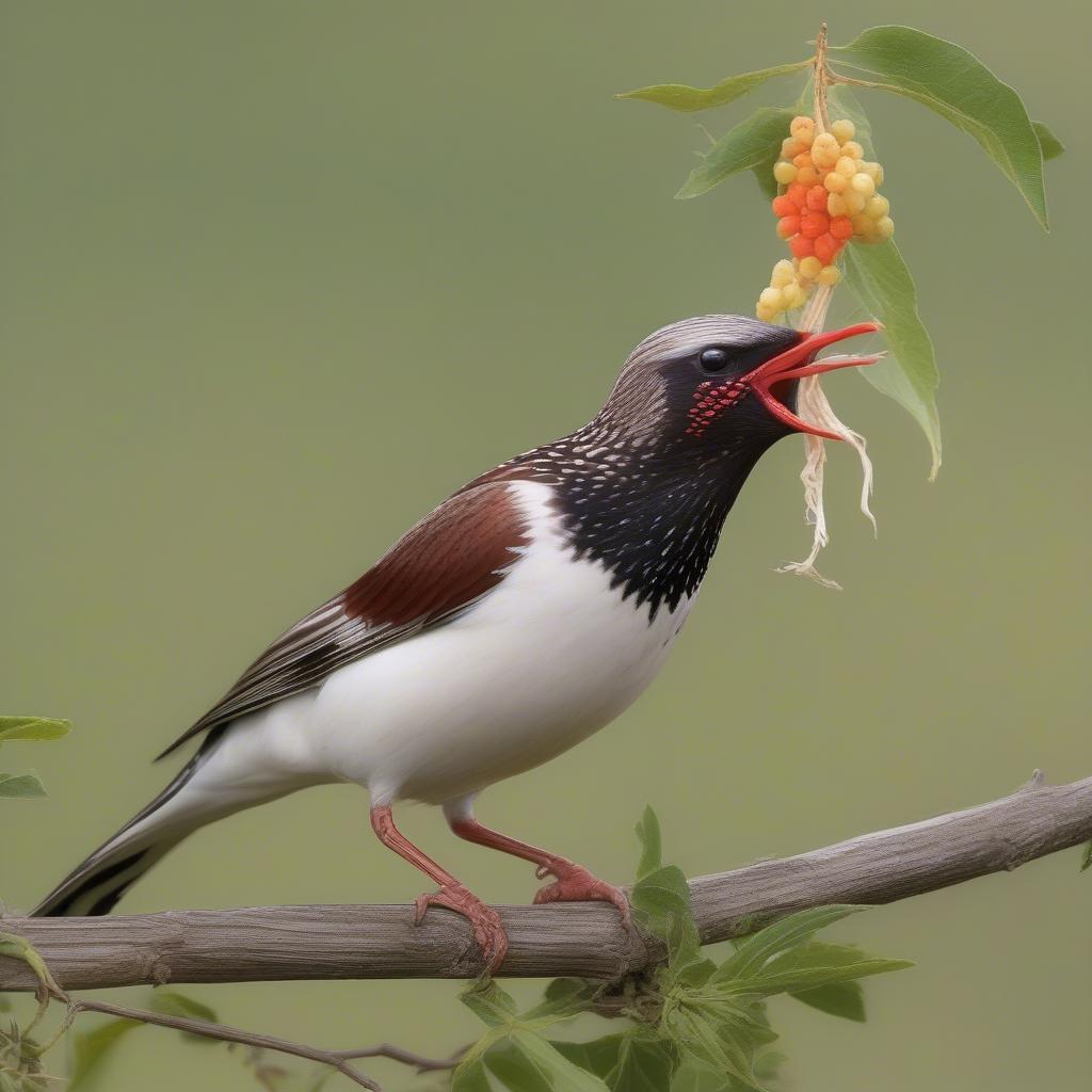 Chim sáo lưng đỏ đang ăn trái cây