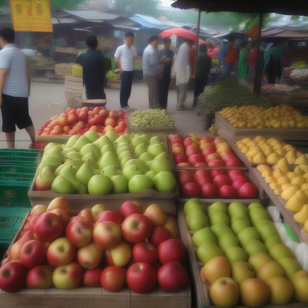 Táo và Lê Trung Quốc tại Việt Nam: Hình ảnh táo và lê được bày bán trên kệ hàng tại chợ Việt Nam, với các loại táo đỏ, xanh, vàng và lê xanh, vàng. Bao bì có nhãn mác Trung Quốc.