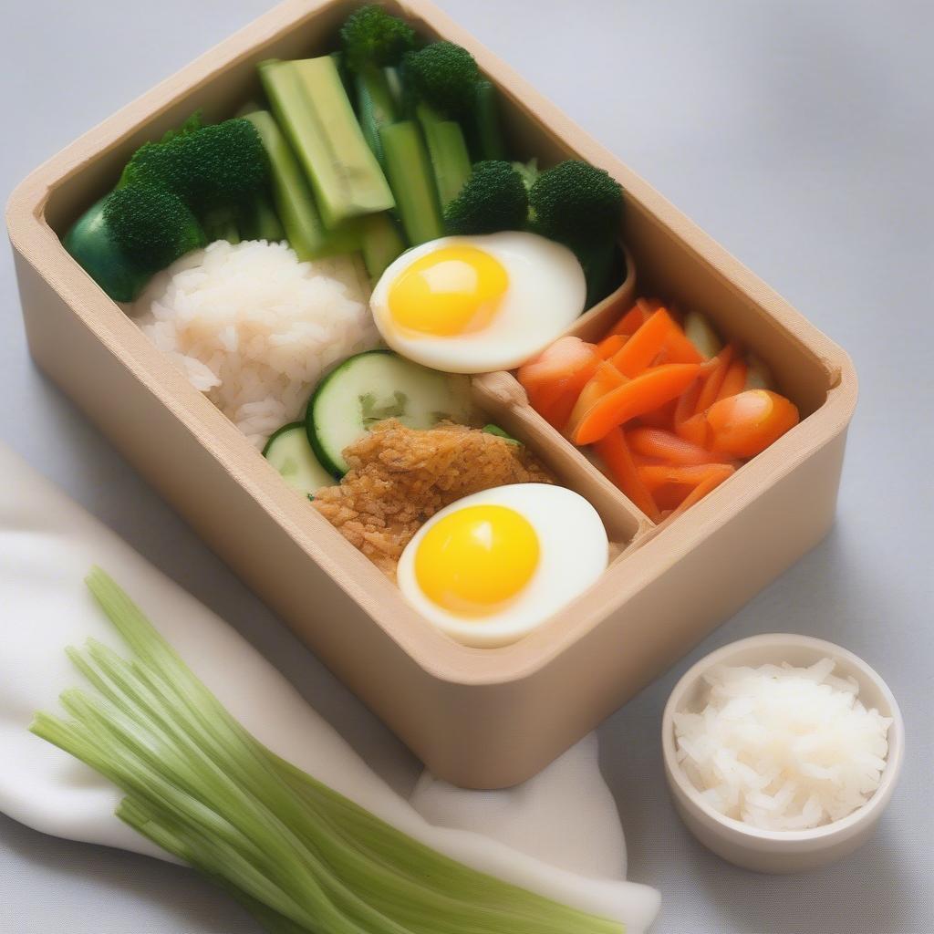 Tự làm bento đơn giản tại nhà với cơm, trứng và rau củ.