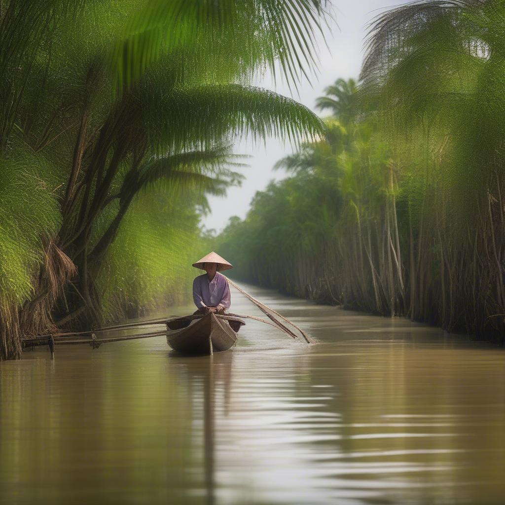 Hình ảnh người dân di chuyển bằng xuồng ba lá trên kênh rạch miền Tây